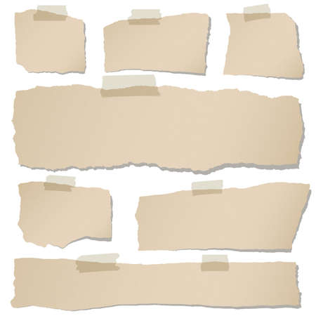 Set of various brown torn note papers with adhesive tape on white background.のイラスト素材