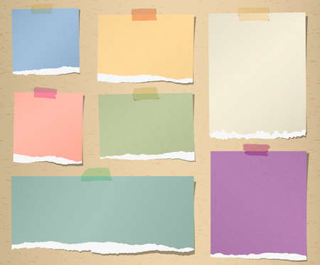 Set of various colorful torn note papers with adhesive tape on brown background.のイラスト素材