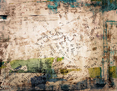 Grunge painted torn paper collage, cracked scratched background with letters.の写真素材