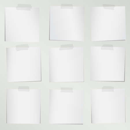 Set of various gray note papers with adhesive tape on background.のイラスト素材