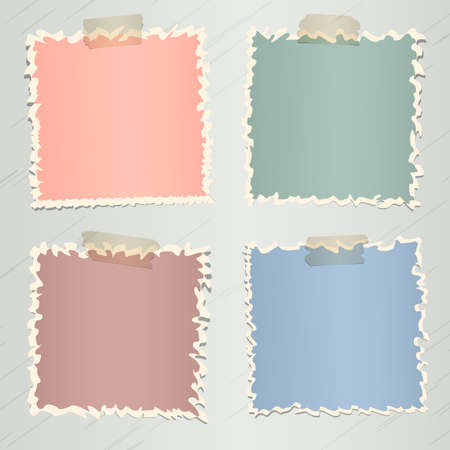Set of various colorful torn note papers with adhesive tape on gray background.のイラスト素材