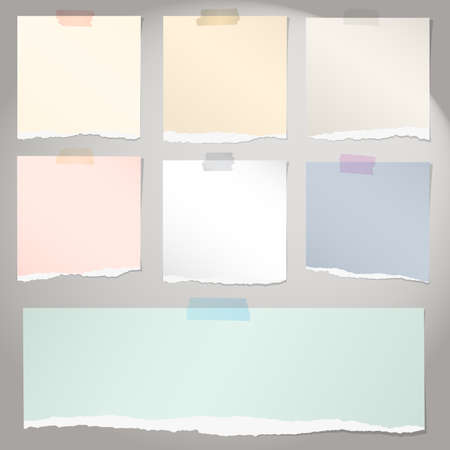 Set of various colorful torn note papers with adhesive tape on gray background.のイラスト素材