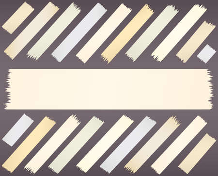 Set of horizontal diagonal and different size sticky tape, adhesive pieces on purple background.のイラスト素材