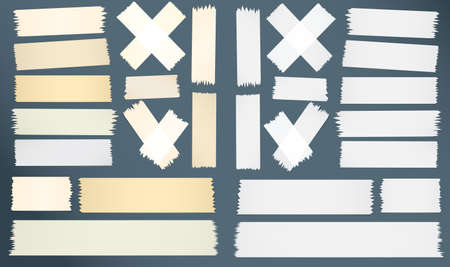 Set of horizontal and different size sticky tape, adhesive pieces on gray background.のイラスト素材