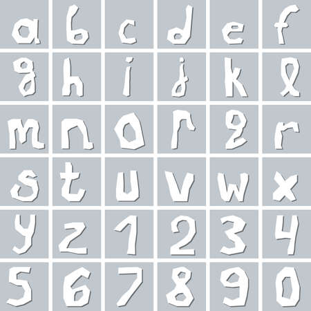 Set of hand drawn white lowercase alphabet letters with numbers on gray square background.のイラスト素材