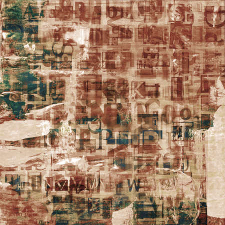Grunge newspaper, magazine letters collage on painted torn paper, cracked scratched background.の写真素材