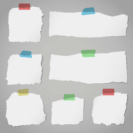 Pieces of torn white blank note paper with colorful sticky tape on gray background.のイラスト素材