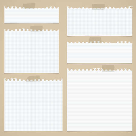 Pieces of torn white lined and squared notebook paper with sticky tape on brown background.のイラスト素材