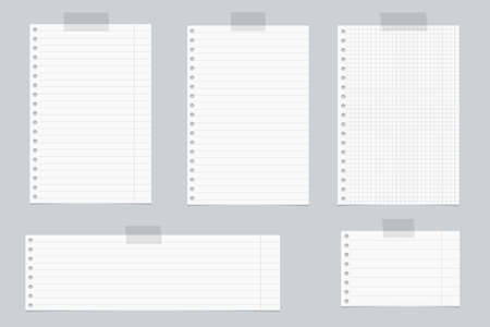 Pieces of white lined and squared notebook paper with sticky tape on gray background.のイラスト素材