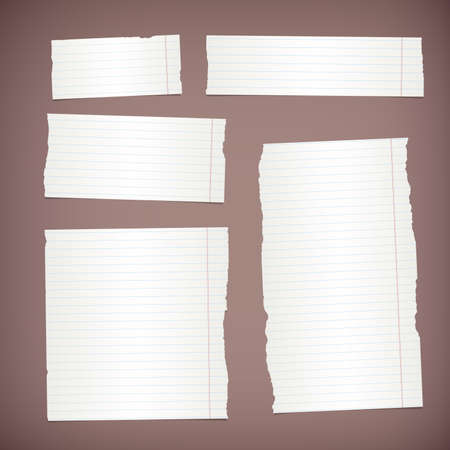 Pieces of torn white lined note paper on brown background.のイラスト素材