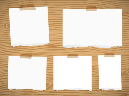 Pieces of torn white blank note paper sticked on brown wooden wall or board.のイラスト素材