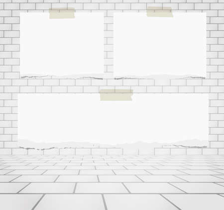 Pieces of torn white blank note paper sticked on white brick wall.のイラスト素材