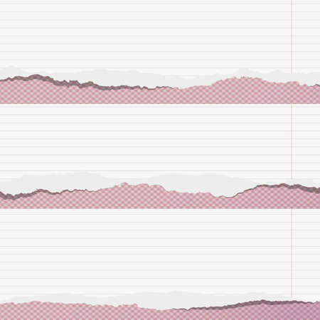 Pieces of torn white lined notebook paper with margin sticked on squared pink background.のイラスト素材