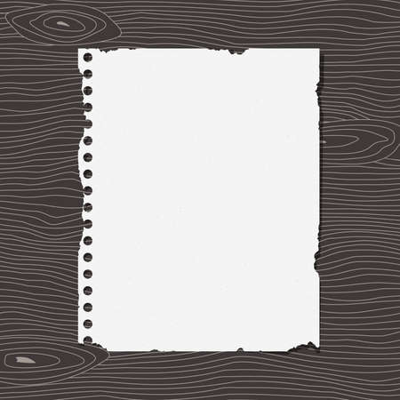 Piece of torn white notebook grainy paper is sticked on dark wooden wall or desk.のイラスト素材