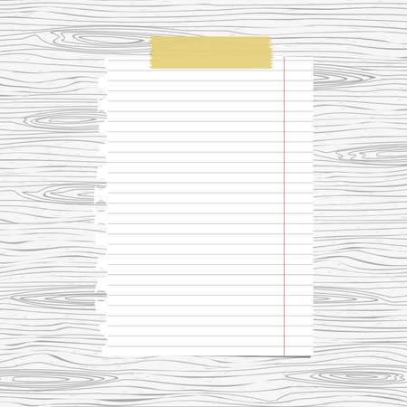 White lined notebook paper sheet, sticked on gray wooden wall, desk.のイラスト素材