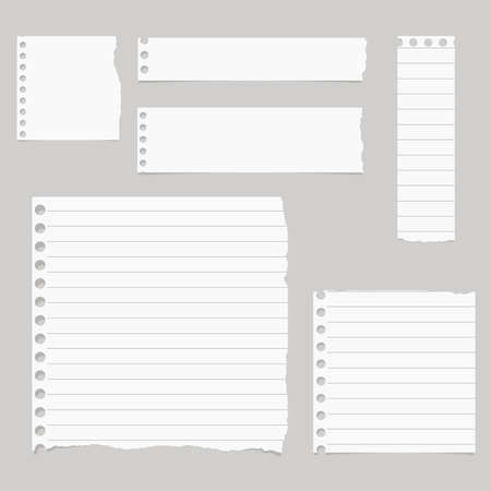 Pieces of torn white lined notebook paper are stuck on gray background.のイラスト素材