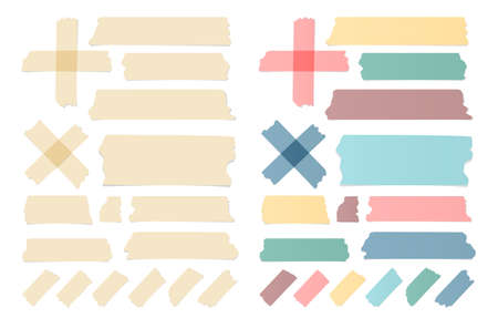 Set of colorful different size sticky, adhesive tape, banners pieces are stuck on white wall.のイラスト素材