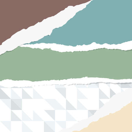 Pieces of ripped colorful blank paper sheets are stuck on gray geometric triangle pattern.のイラスト素材