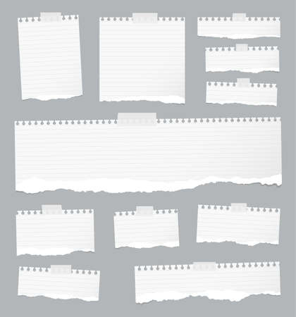 Pieces of ripped white lined notebook paper are stuck on gray background.のイラスト素材