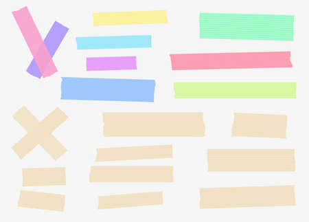 Set of colorful and different size masking, sticky, tapes are stuck on white background.のイラスト素材