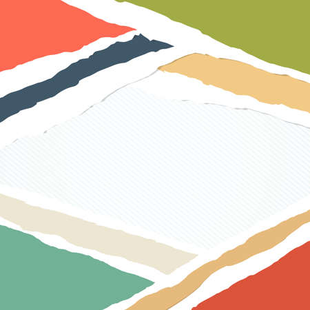 Ripped colorful paper pieces are stuck on striped background.のイラスト素材
