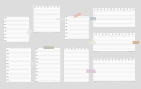 Pieces of cut out white notebook paper are stuck on gray striped background.のイラスト素材