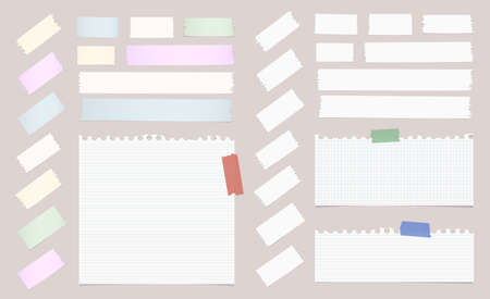 Pieces of ripped white squared, ruled notebook paper with masking tapes are stuck on pink background.のイラスト素材