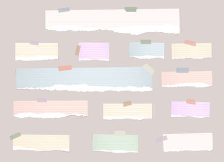 Torn colorful note paper pieces are stuck with sticky tapes on pink background.のイラスト素材