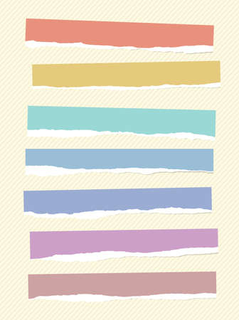 Ripped colorful blank paper pieces are stuck on striped background.のイラスト素材
