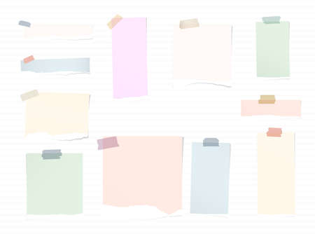 Torn colorful note paper pieces are stuck with sticky tapes on stripes background.のイラスト素材