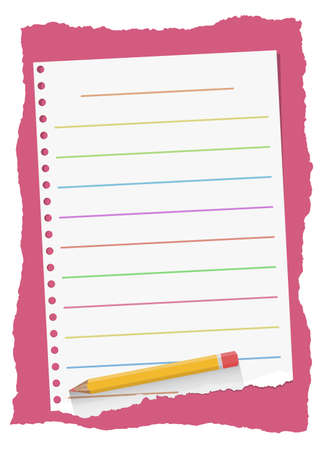 Colorful, ruled, ripped white notebook paper sheet are on red background with yellow wooden pencil.のイラスト素材