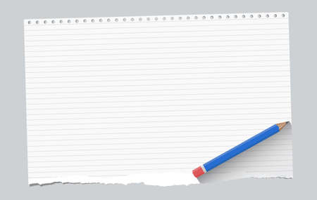Ripped white ruled notebook paper sheet are on gray background with blue wooden pencil.のイラスト素材