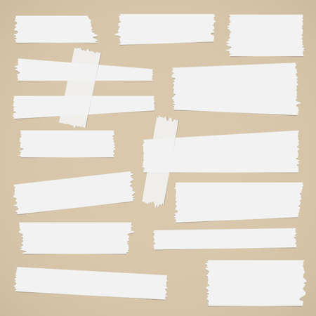 Pieces of different size sticky, adhesive masking tape are on brown background.のイラスト素材