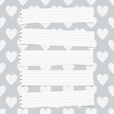 White ripped ruled notebook paper pieces are stuck on gray pattern of hearts.のイラスト素材