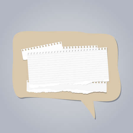 Pieces of ripped white notebook paper are stacked on brown speech bubble with shadow.のイラスト素材