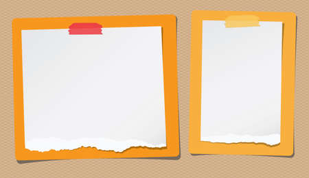 Ripped white note, notebook paper are stuck on yellow, orange rectangles.のイラスト素材