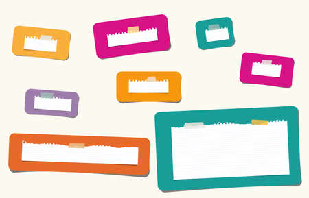 Pieces of ripped white ruled note paper are stuck on colorful rectangles.のイラスト素材