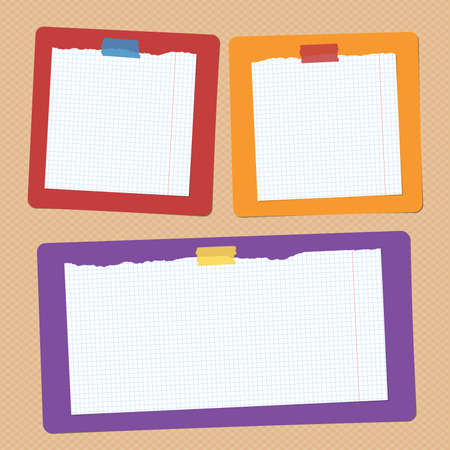 Ripped white squared note, notebook paper are stuck on colorful flat shapes.のイラスト素材