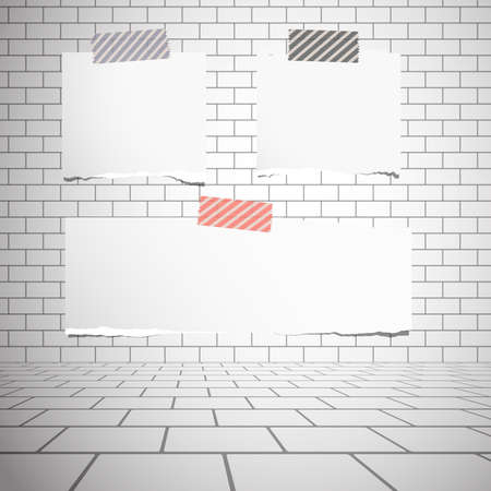 Torn white blank paper sheets stuck on gray brick wall.のイラスト素材