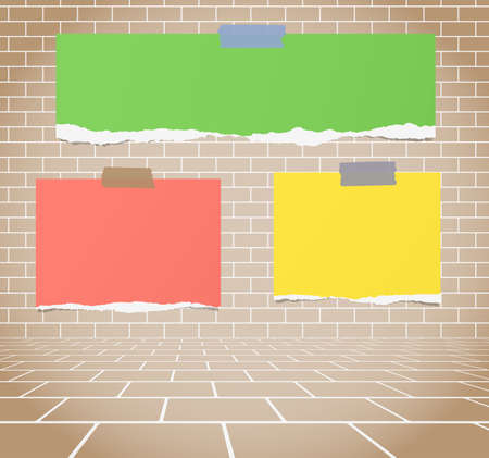 Torn colorful blank paper sheets stuck on brown brick wall.のイラスト素材
