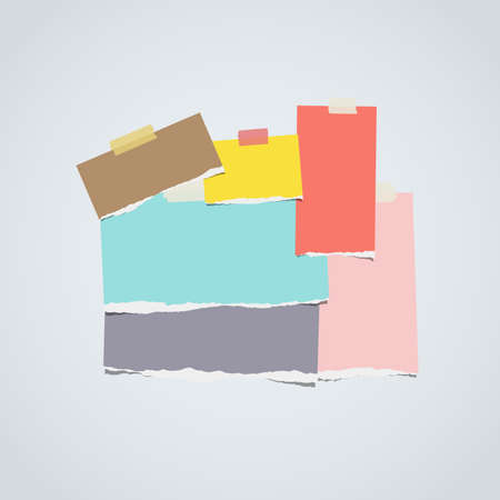 Ripped colorful notebook, note paper stacked on gray background.のイラスト素材