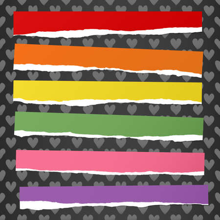 Ripped colorful note paper stuck on pattern created of heart shapes.のイラスト素材