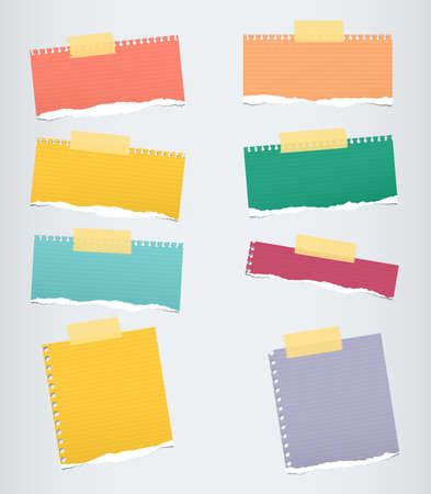 Pieces of colorful ruled torn note paper with yellow adhesive, sticky tape stuck on grey background.のイラスト素材