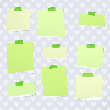 Ripped green notebook, note paper stuck with sticky tape on pattern created of heart shapes.のイラスト素材