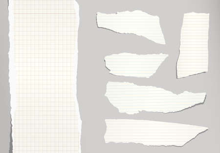 Pieces of ripped light brown note, notebook paper sheets stuck on grey background.のイラスト素材