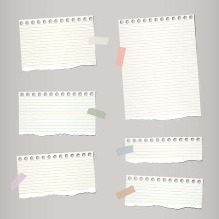 Pieces of light brown torn note, notebook paper sheets with colorful adhesive, sticky tape stuck on grey background.のイラスト素材