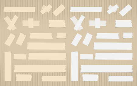 Pieces of different size sticky, adhesive masking tape are on brown background.のイラスト素材