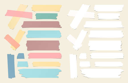 Colorful and white ifferent size sticky, adhesive masking tape are on beige background.のイラスト素材