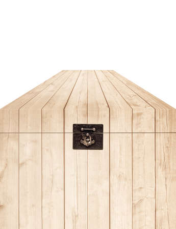 Light brown wooden chest with lock on white background.の写真素材
