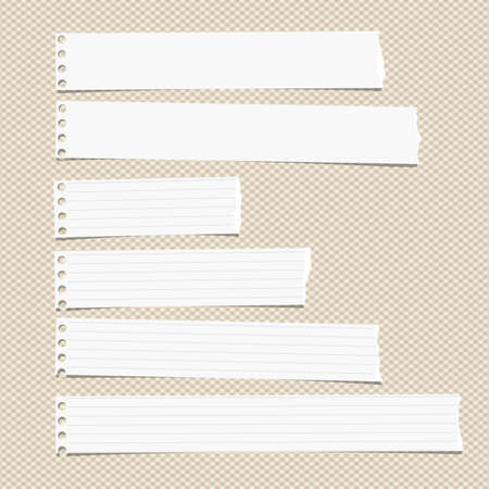 White ruled horizontal torn note, notebook, copybook paper sheets stuck on brown squared pattern.のイラスト素材